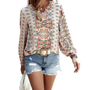 Orange, Aqua Graphic V-Neck Blouse Relaxed Top Long Puff Sleeves Sizes S-XL